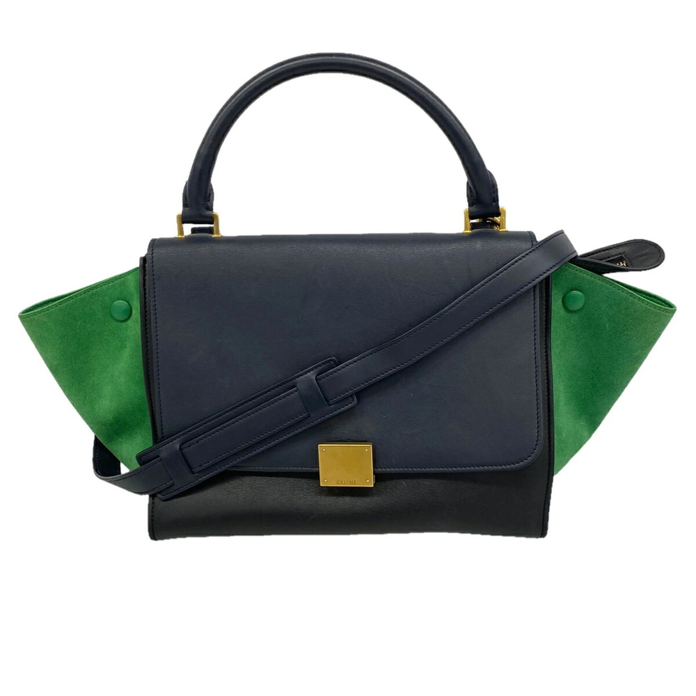 Celine Trapeze Leather Handbag, Black and Green, 2-way Bag for Women